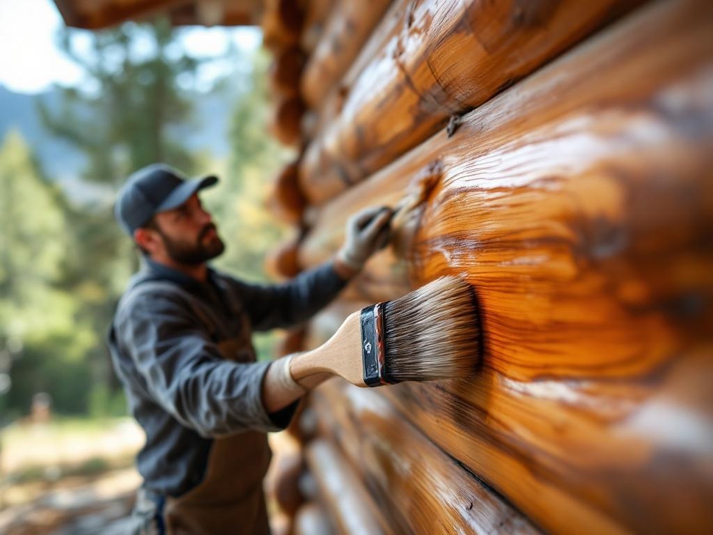 Close-up of hand-hewn pine log wall with rich honey-brown stain finish