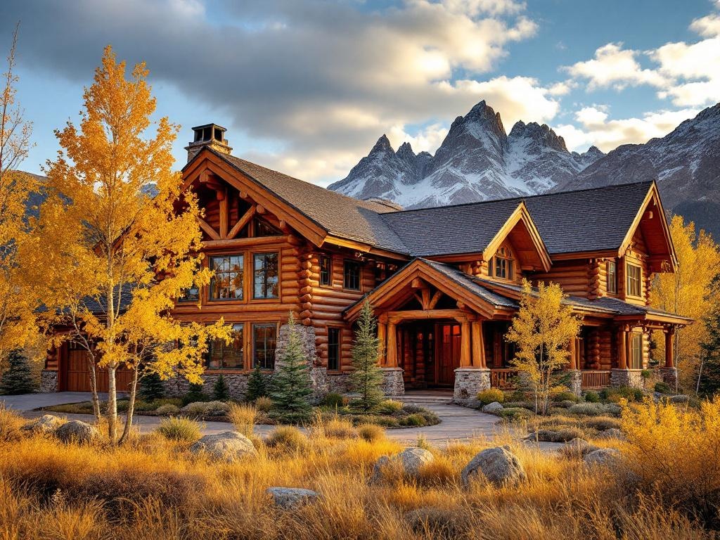 Hand-stained log home with Grand Teton mountains in Jackson Hole, Wyoming